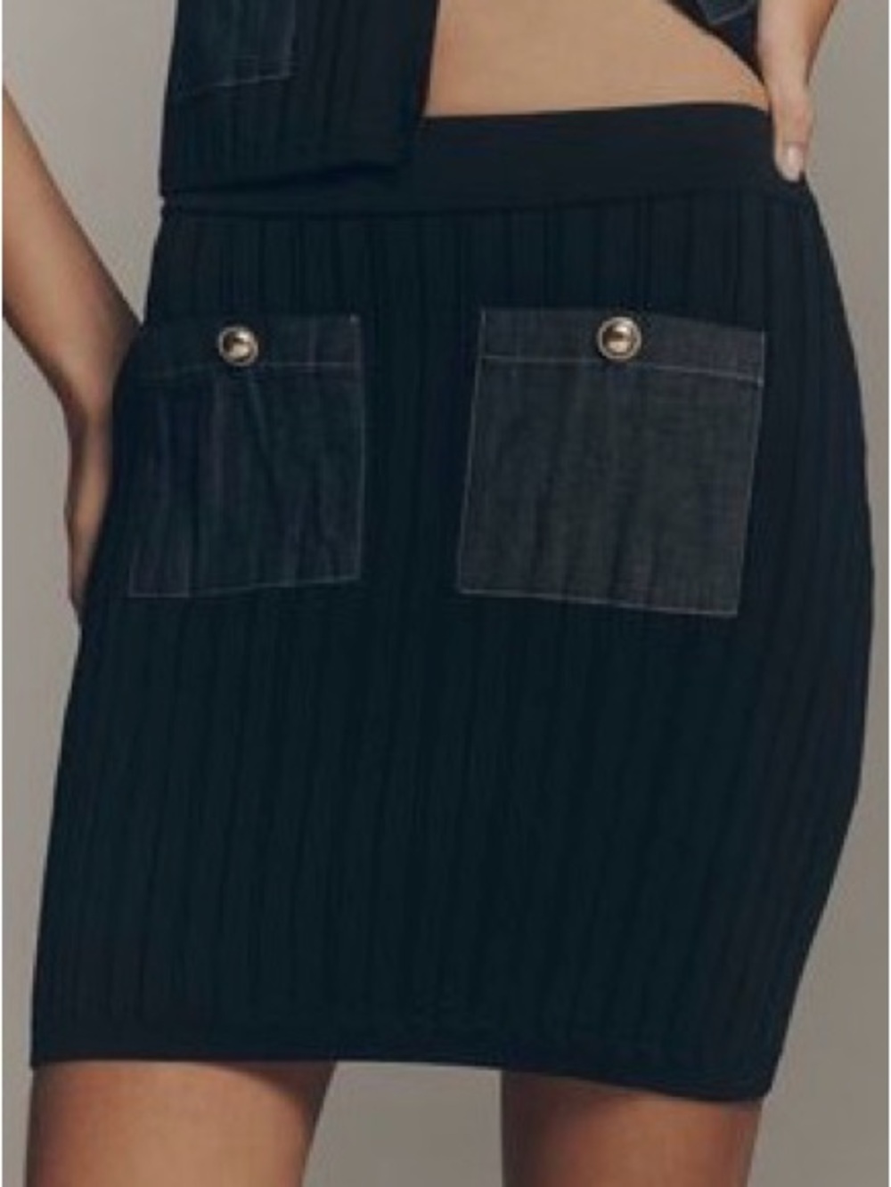 Anthropologie Black Ribbed Mini Skirt with Front Patch Pockets